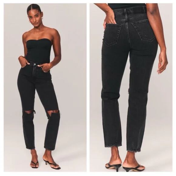 Abercrombie Fitch 90s Straight Ultra High Rise Distressed Black Jeans 35 20 new - Picture 2 of 14
